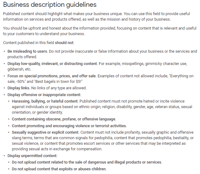 Business Description Guidelines