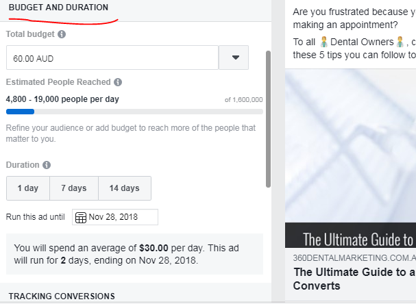 Budget & Duration Setting Facebook Posts